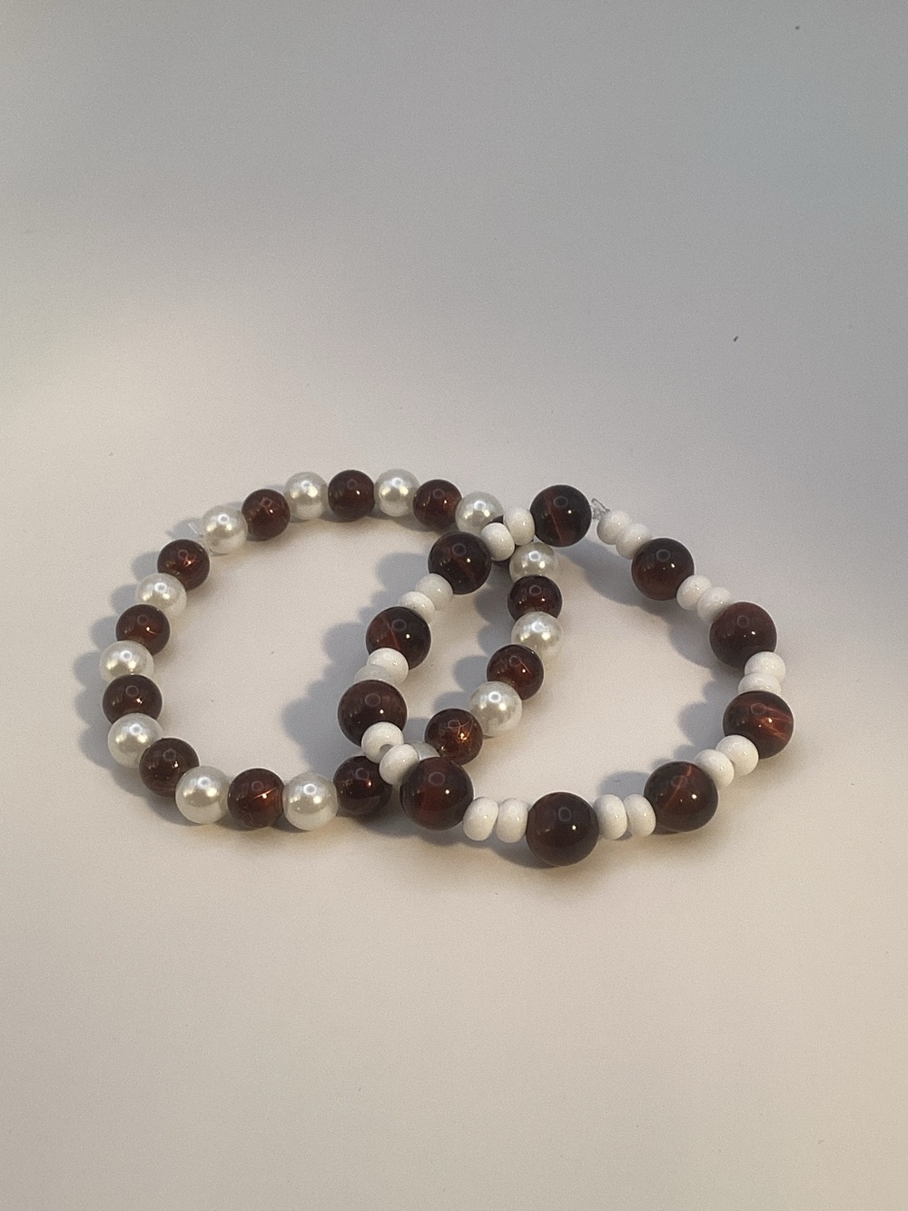 Brown and White Beaded Stretch Bracelet Set